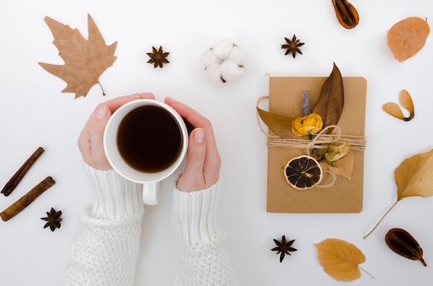 Top view autumn leaves with coffee