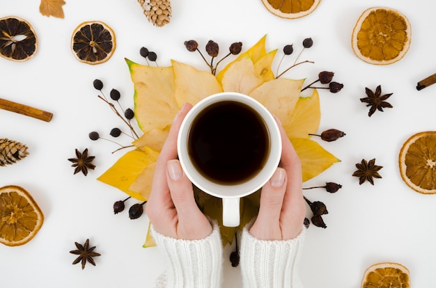 Top view autumn leaves with coffee