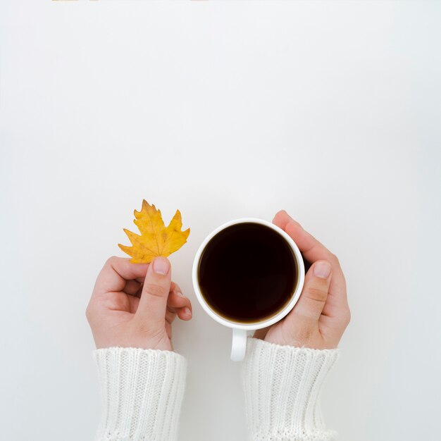 Top view autumn leaves with coffee