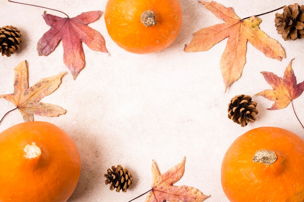 Top view of autumn leaves with pine cones