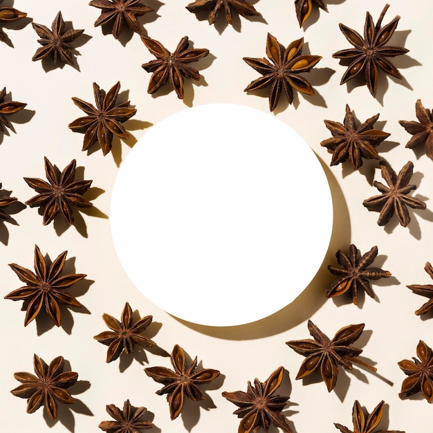 Free Photo top view of autumn star anise with paper circle