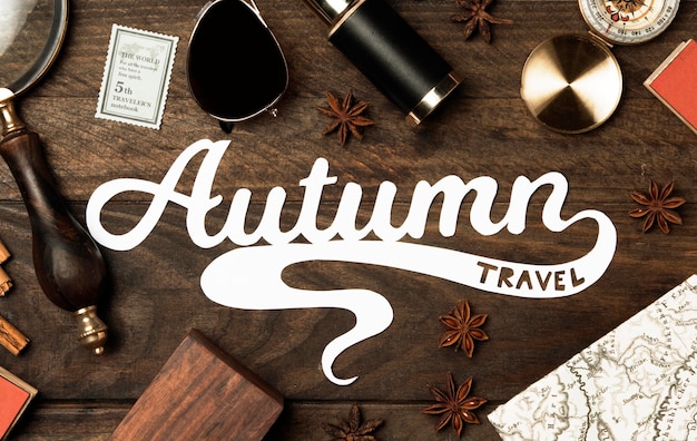 Free Photo top view autumn travel concept lettering