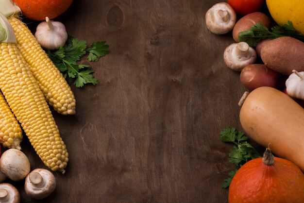 Top view autumn vegetables assortment with copy space