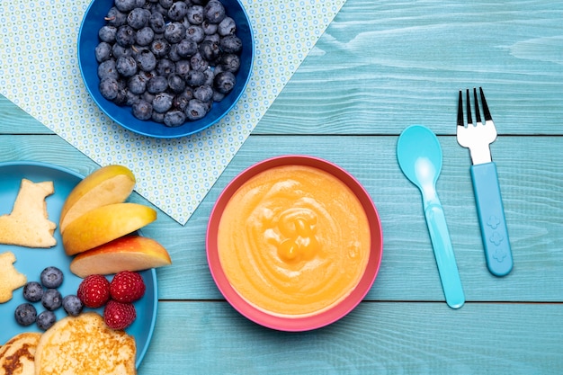 Top view of baby food with bowl of blueberries and fruits