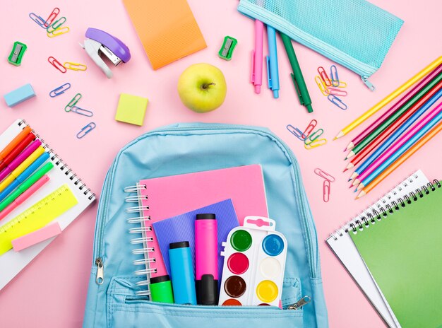 Top view of back to school essentials with backpack and pencils