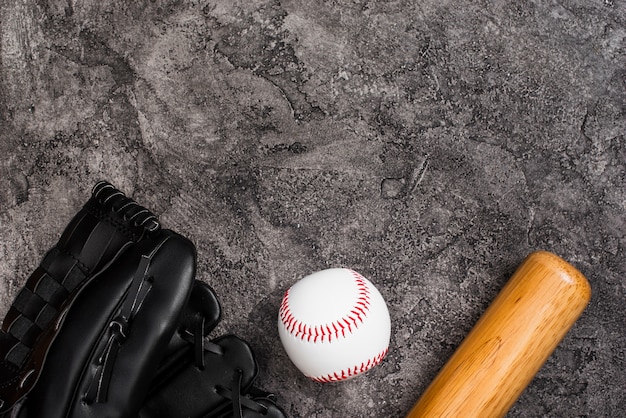 Top view of baseball with bat and copy space