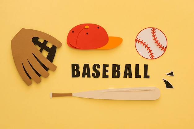 Free photo top view of baseball with bat, glove and cap