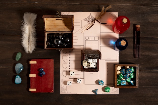 Top view on beautiful rpg still life  items