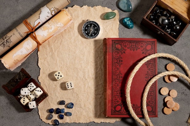 Top view on beautiful rpg still life  items