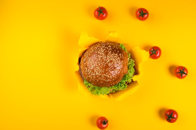 Free photo top view beef burger surrounded by cherry tomatoes