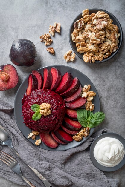 Top view beetroot salad with walnuts