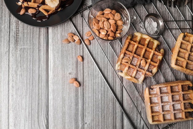 Top view belgian waffle with almonds