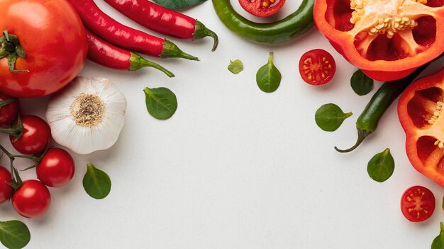 Top view of bell pepper with tomatoes and garlic