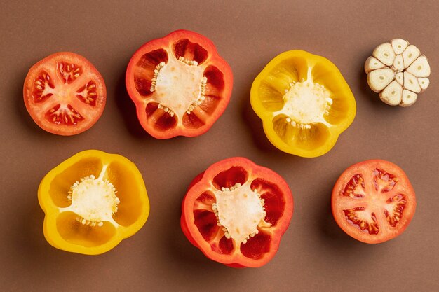 Top view of bell peppers with garlic