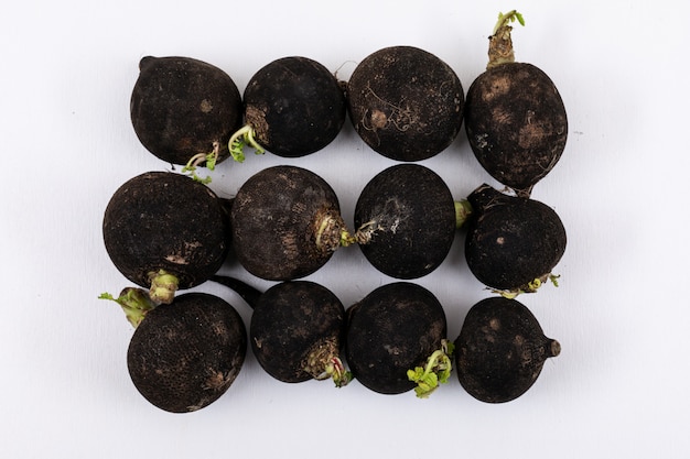 Top view of black radishes