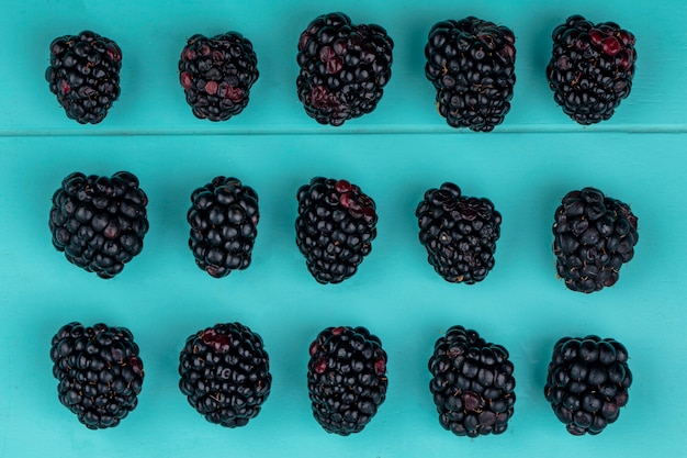 Top view of blackberry on a light blue surface