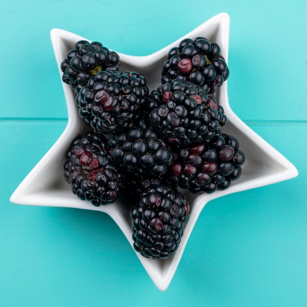 Free photo top view of blackberry in a saucer in the form of a star on a light blue surface