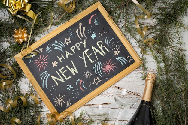 Top view blackboard with happy new year message