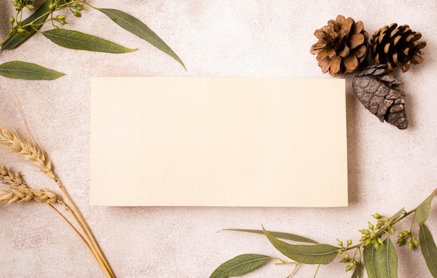 Top view of blank paper with pine cones and autumn leaves