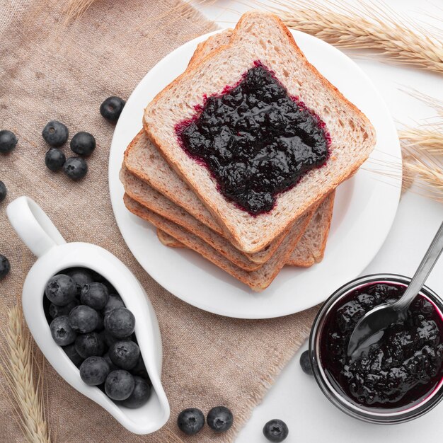 Top view blueberry jam on bread