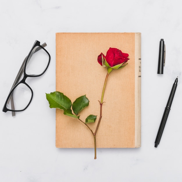 Free Photo top view of book and flower