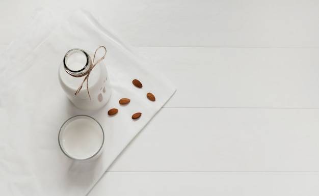 Top view bottle of fresh milk with copy space