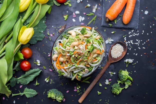 Top view of a bowl of the delicious vegan salad