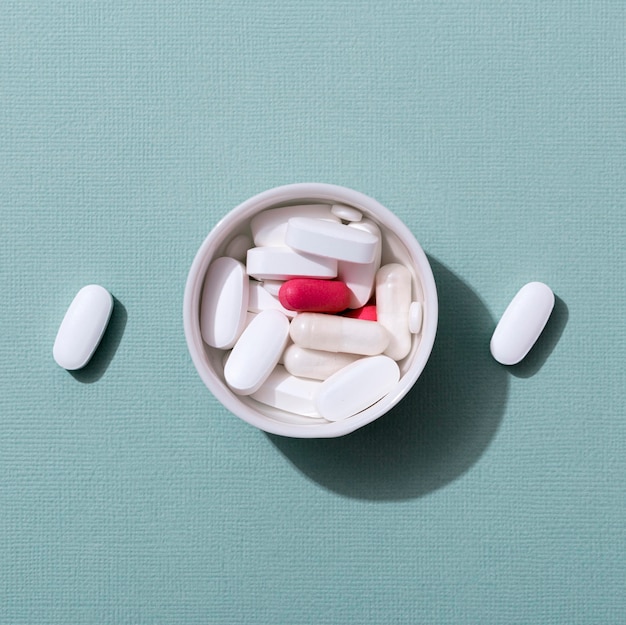 Top view of bowl of pills