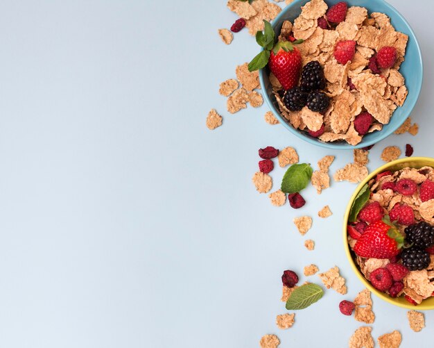 Top view bowls of fruit and cereals