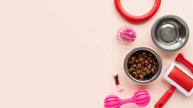 Top view on bowls set with pet accessories still life concept