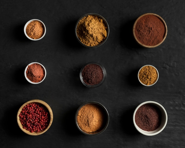 Top view bowls with condiments