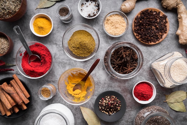 Free Photo top view bowls with spices