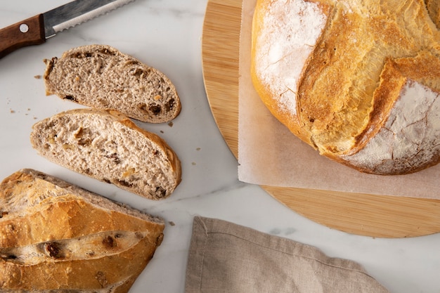 Top view of bread on marble surface