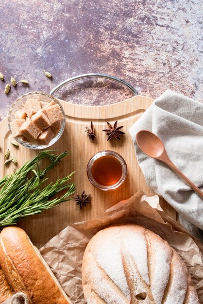 Top view bread with honey and star anise