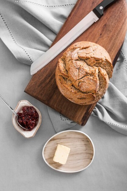 Top view bread with jam and butter