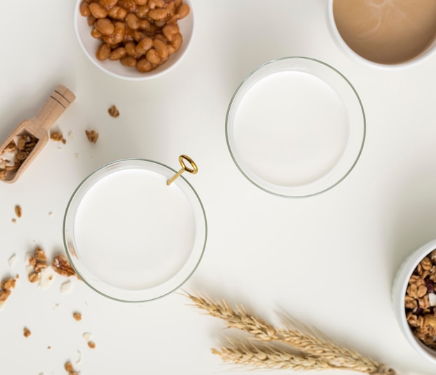 Top view breakfast with organic milk