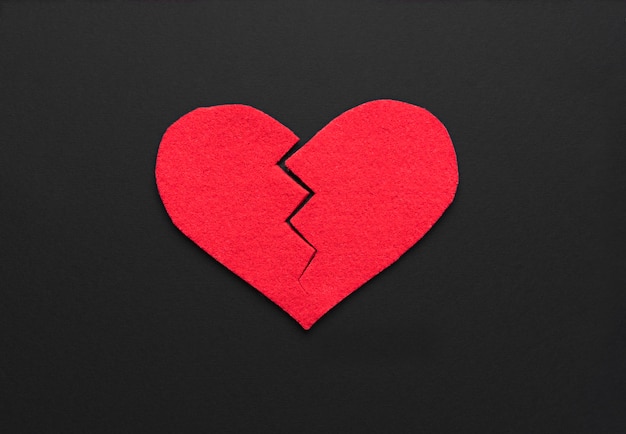 Top view broken heart on dark background