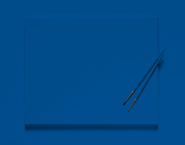 Top view brushes on classic blue canvas