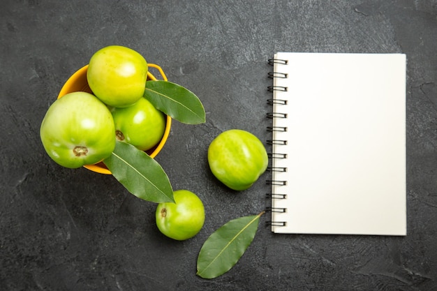 Top view bucket of green tomatoes and bay leaves a notebook and tomatoes on dark background