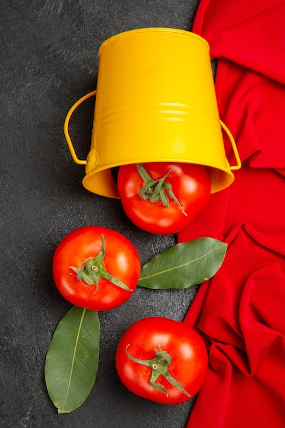 Free photo top view bucket with red tomatoes red towel on dark background