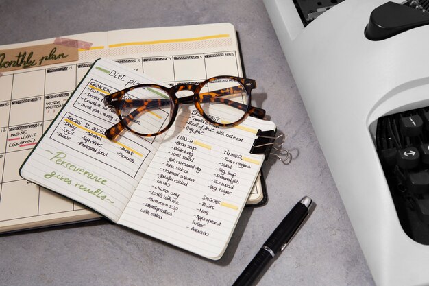 Top view bullet journal and glasses