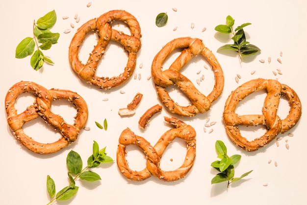 Top view bunch of homemade pretzels on the table