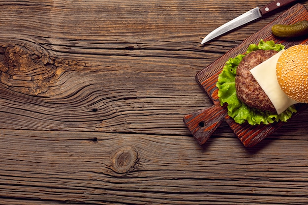 Top view burger ingredients on cutting board