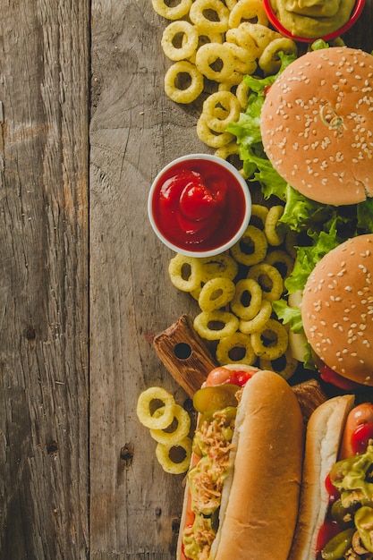 Top view of burgers and hot dogs