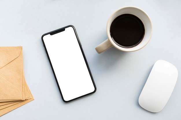 Free photo top view business desk composition empty phone