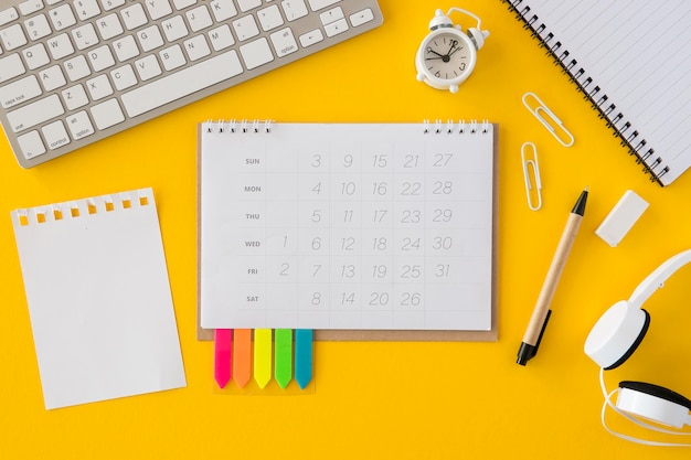 Top view calendar and keyboard