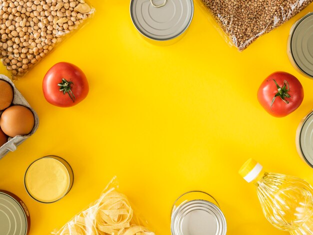 Top view of canned food for donation with copy space