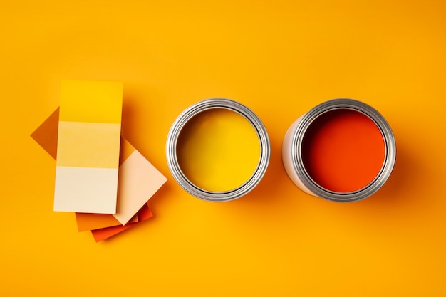 Free photo top view cans with orange and yellow paint