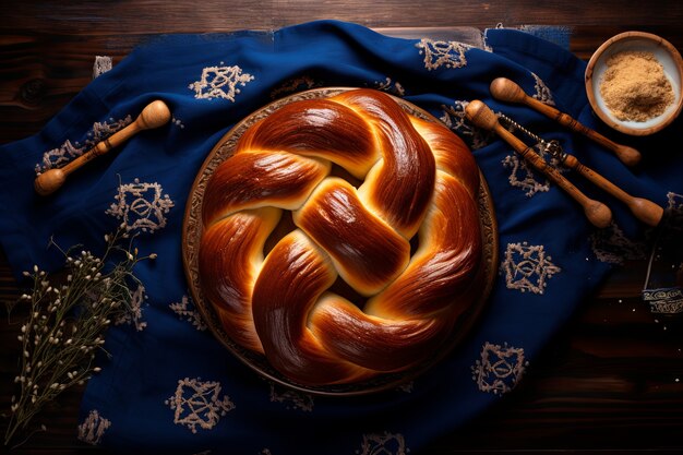 Top view challah dish for hanukkah