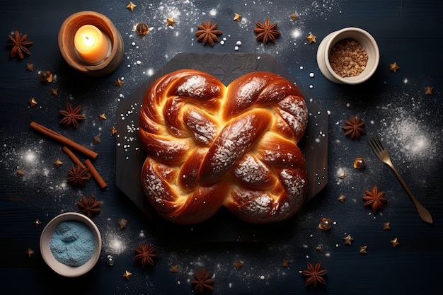 Top view challah dish for hanukkah